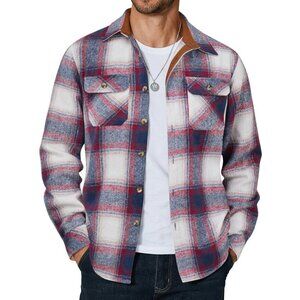 Coofandy Men Blue Red-line Flannel Plaid Button Down Jacket Shirt with Pockets